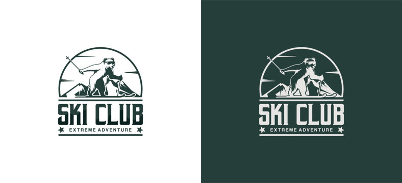 Ski club logo design, polar bear skiing on mountain background, ski club retro badge