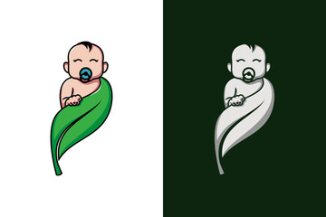 Baby and green leaf logo design, nature cute baby vector illustration