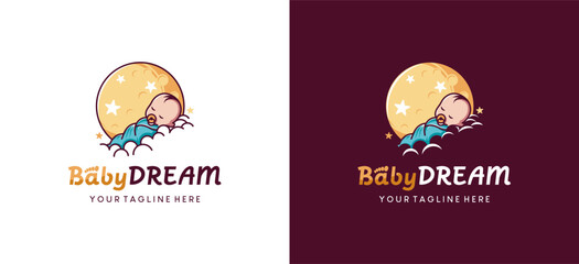 Templat desain logo bayi yang terbungkus tidur di awan dengan latar belakang bulan