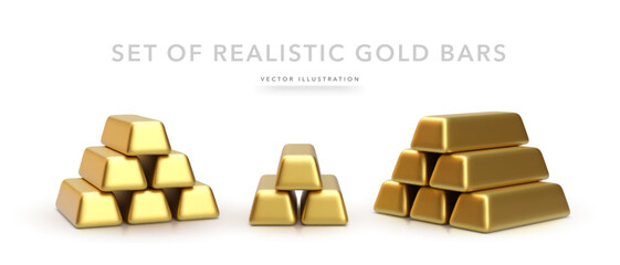 Set of realistic gold bars isolated on white background. Vector illustration