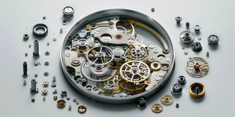 An exploded view of a mechanical watch, showing every gear and component that contributes to timekeeping