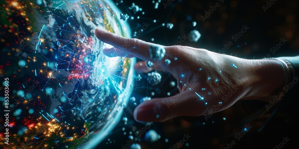 Poster a hand reaching out to touch a holographic globe, symbolizing the futuristic and technological aspec