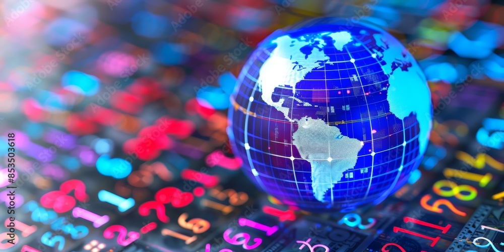 Poster a globe with currency symbols from different countries, representing the interconnected global finan
