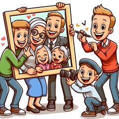 A cartoon of a family posing for a picture accessible vector.