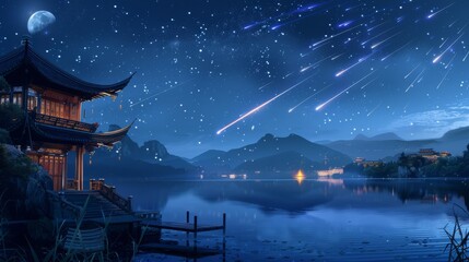 Starry Sky with Shooting Stars and Water Streams