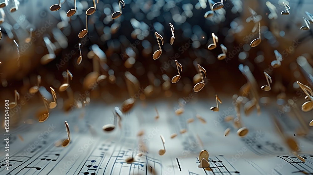 Aufkleber Musical notes fly out one by one from a standing sheet of music. Generative AI.
