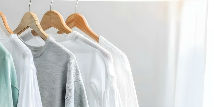 Hang drycleaned clothes on light background. Concept Photography, Clothing, Dry cleaning, Fashion, Cleanliness