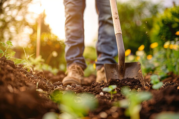 Fototapeta premium Man holding foot on shovel in garden on a sunny day, symbolizing gardening and outdoor work