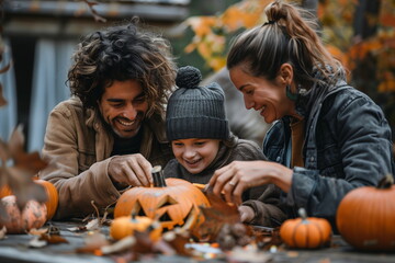 A family of three sits at an outdoor table, carving pumpkins together and laughing joyfully during Halloween