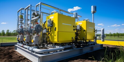 Detailed image of landfill gas collection system showing technology for reducing emissions. Concept Landfill gas collection system, Emission reduction technology, Waste management