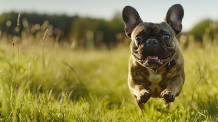 Fototapeta premium A French Bulldog running in an open field, capturing the joy and freedom of motion