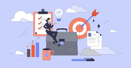Employment goals with career development tiny person neubrutalism concept. Professional growth with ambitions, aspiration and reaching for targets vector illustration. Objectives and targets success.