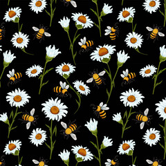 Black background with bees on flowers.Vector seamless pattern with bees and daisies on a black background.