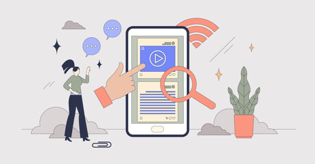 Digital media with online website for news tiny person neubrutalism concept. Social media with broadcast newsletter and international press articles vector illustration. Multimedia content reading.