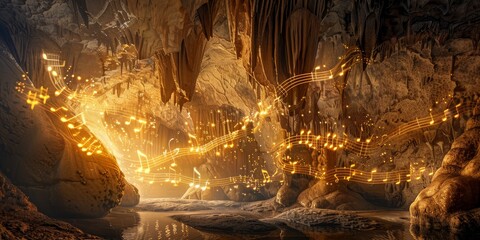 A mystical cave with music notes glowing among the stalactites, highlighting the ancient and enduring spirit of music