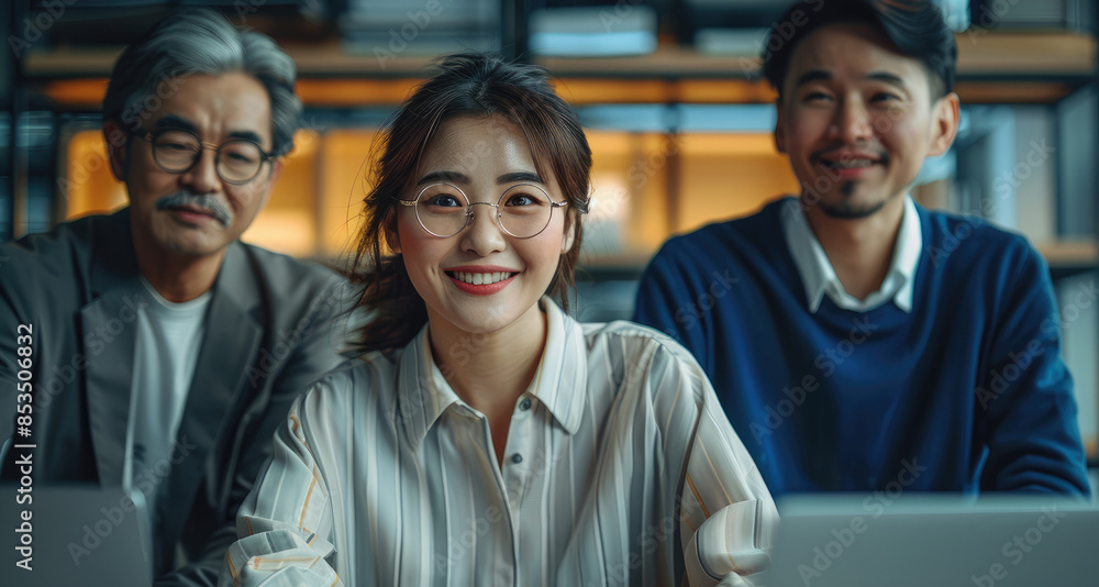 Poster portrait of 3 asian accountants working as a team happily, epic composition. generative ai.