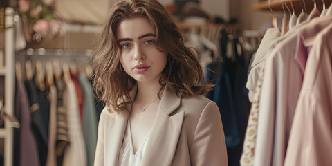 Obraz premium a young woman with wavy brown hair stands in front of the rack, generative AI