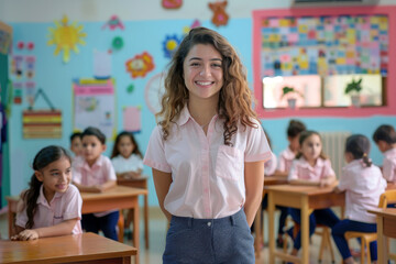Fototapeta premium female teacher standing proudly in front of the class