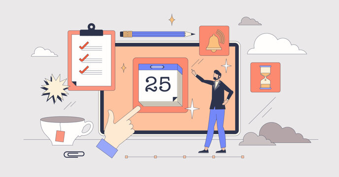 Digital planner for online task reminders tiny person neubrutalism concept. Use smart phone for effective task management with notifications and calendar vector illustration. Device productivity tool