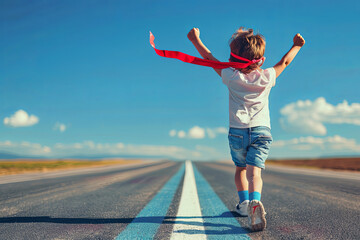 Child victoriously crossing finish line with arms raised, embodying achievement and success