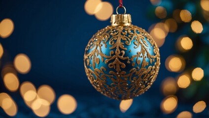 Holiday Christmas Background Gold Christmas Ornament on blue backdrop Holiday Lights Garland Happy Holiday lettering calligraphy.