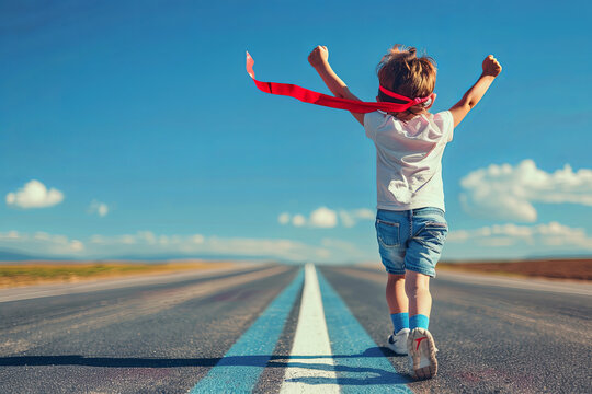 Child victoriously crossing finish line with arms raised, embodying achievement and success