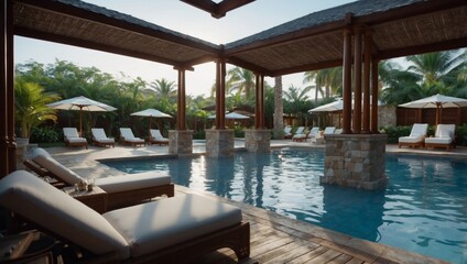 Fototapeta premium Outside of an opulent hotel resort, a spa cabana beside a blue pool.