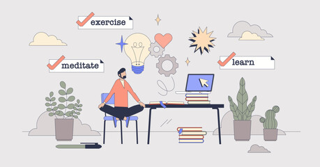 Self help awareness for mindfulness and mental care tiny person neubrutalism concept. Exercise, meditate and learn as key factors for personal wellness and positive mindset vector illustration.
