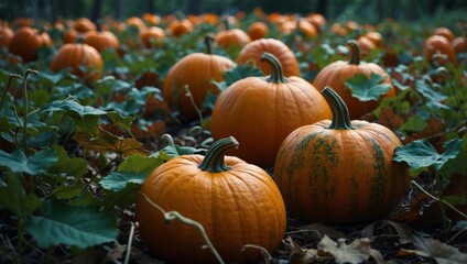 Fototapeta premium Pumpkins in foliage for Halloween holiday lying on the floor Spooky drawings on pumpkins.