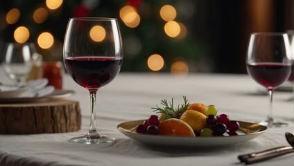 Naklejka premium Table, wine glass and plate for festive holiday meal, drinking and celebration with blurred background Fine dining, party and glass for wine at feast, dinner or lunch in home,.