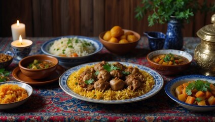 Traditional Uzbek oriental cuisine Uzbek family table from different dishes in national dishes for the New Year holiday The background image is a top view, copy space, flat lay.