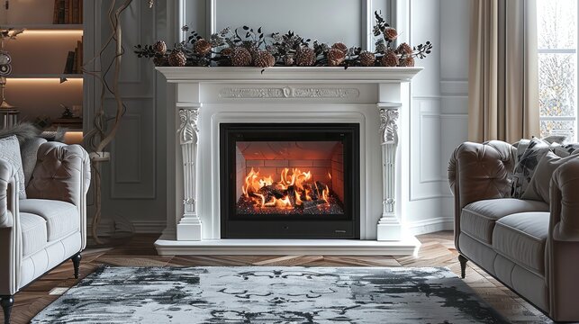An electric fireplace decorated, Soft colors, distressed finishes, floral patterns an electric fireplace insert with whitewashed brick. Generative AI.
