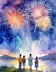 Fototapeta premium 夏の花火を見る人々のイラスト,Generative AI AI画像