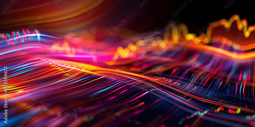 Poster an abstract representation of a stock market chart with vibrant colors and dynamic lines, capturing 
