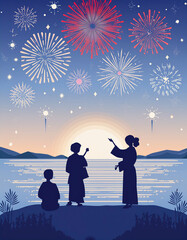 夏の花火を見る人々のイラスト,Generative AI AI画像