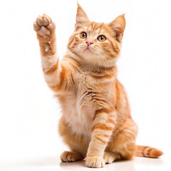 ginger cat stands on its hind legs and reaches up on a white isolated background