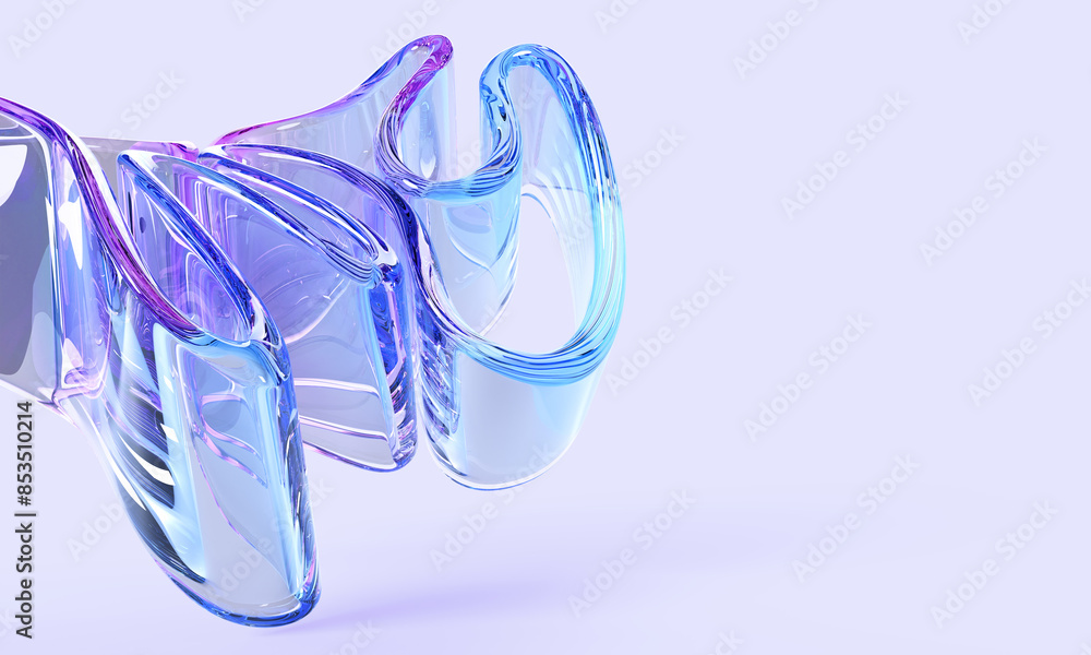 Poster abstract 3d background with folded liquid glass transparent ribbon. holographic gradient fluid wave 