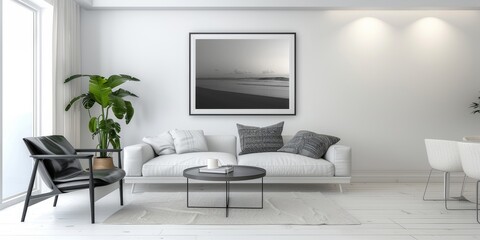 Minimalist white frame display on a modern living room wall, showcasing a monochrome photograph for a clean and sophisticated aesthetic
