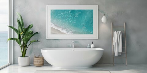 Modern white frame display in a bathroom, featuring a calming ocean print, enhancing the spa-like atmosphere