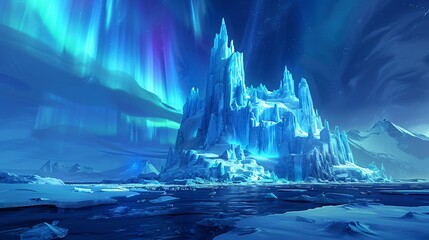 Enchanted ice castle with aurora borealis