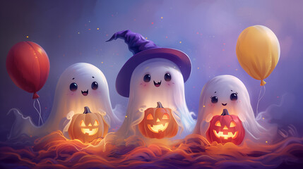 Adorable Halloween ghosts holding pumkins and balloons, creating a festive and whimsical scene.