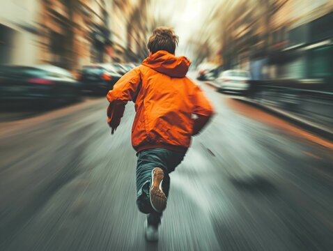 A young boy in an orange jacket running through a blurred city street, capturing motion and energy - Powered by Adobe