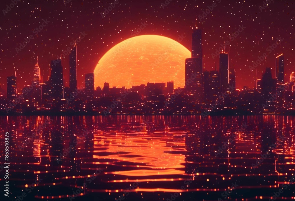 Sticker AI generated illustration of a stunning city skyline at night with a large glowing sunset