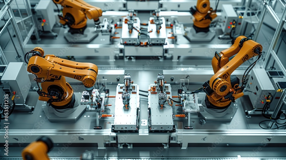 Aufkleber the robotic arms working on an electric vehicle production line in the factory, with high-tech equip