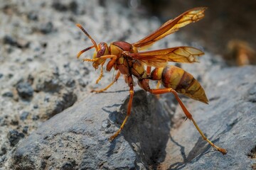 Close-up of a vibrant orange and yellow wasp on a rocky surface in natural sunlight. Polistes major