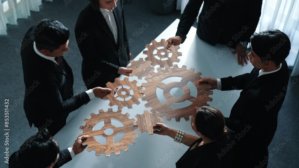 Poster top view of professional business team bring filled last cog to complete system. group of smart dive