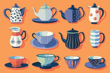 Obraz premium Vector of colorful tableware set on isolated orange background