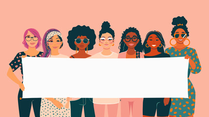 Vector of brave women of various ethnicities holding banner in support of female empowerment