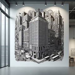 A drawing of a city on a wall.