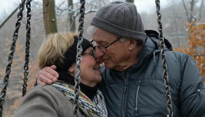 Obraz premium Elderly couple sharing a tender moment on a winter's day - AI generated digital art